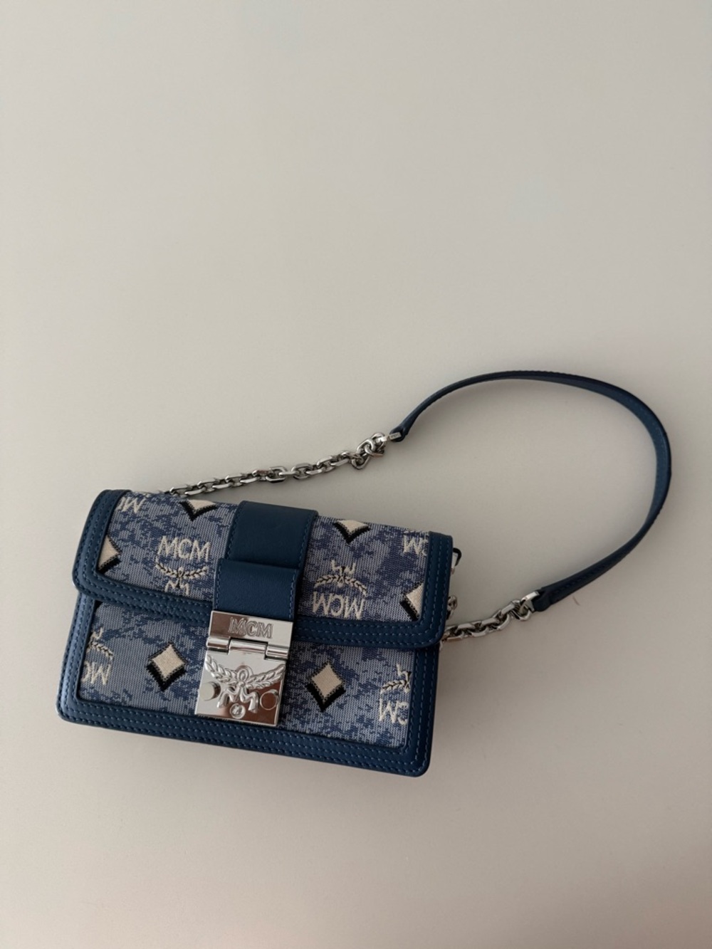 Authentic vintage MCM Navy Blue Monogram Crossbody with Silver Hardware